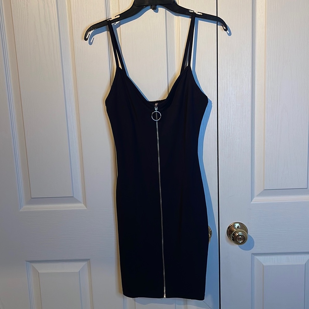 Front Zip Mini Black Dress